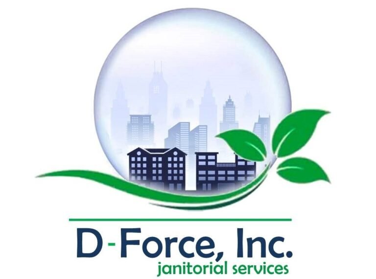 D-Force Janitorial logo with city skyline in a bubble and green leaves symbolizing eco-friendly commercial cleaning in Miami