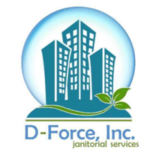 D-Force Janitorial logo featuring tall buildings, green leaf and text emphasizing commercial cleaning and day porter services