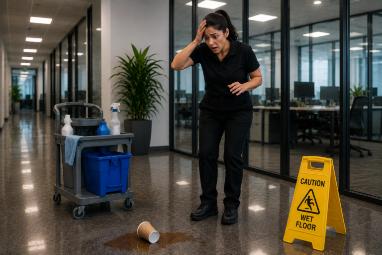 Shocked janitor in office hallway with spill and knocked-over coffee cup beside wet floor caution sign and cleaning cart