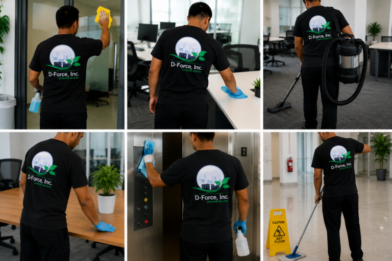D-Force Janitorial team cleaning Miami office common areas, wiping desks and glass, vacuuming carpets and mopping floors