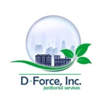 D-Force Janitorial logo with city skyline in a bubble and green leaves symbolizing eco-friendly commercial cleaning Miami