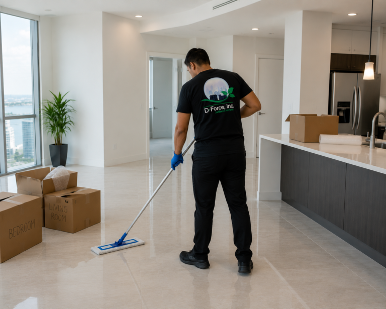 D-Force Janitorial technician mopping glossy floors in a bright Miami condo during professional move-out cleaning service