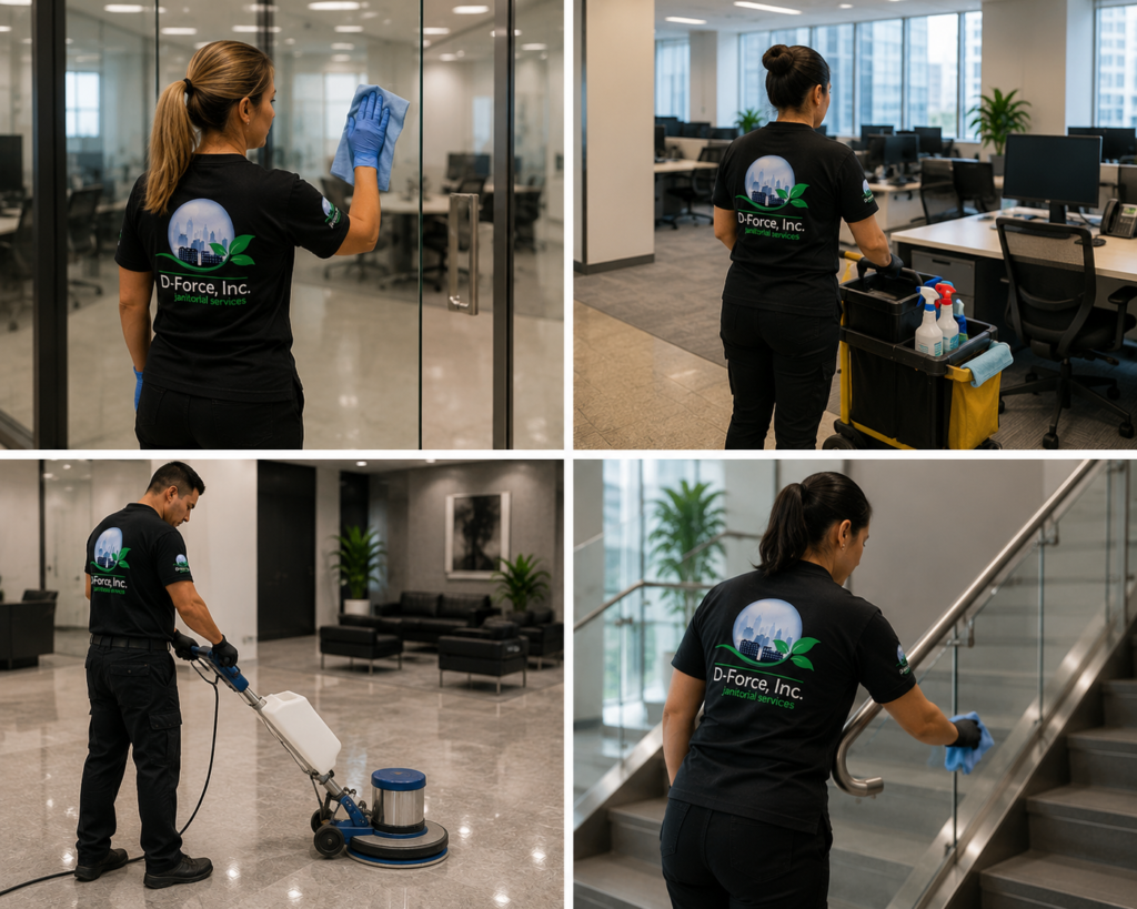 D-Force Janitorial crew cleaning Miami office: glass doors, handrails, workstations and polishing high-traffic floors