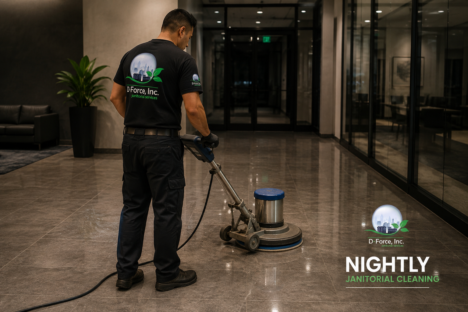 Nightly janitorial cleaning technician polishing a commercial lobby floor with a rotary floor machine for D-Force Janitorial