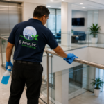 Day Porter D-Force Janitorial commercial cleaning team working in a Miami office building