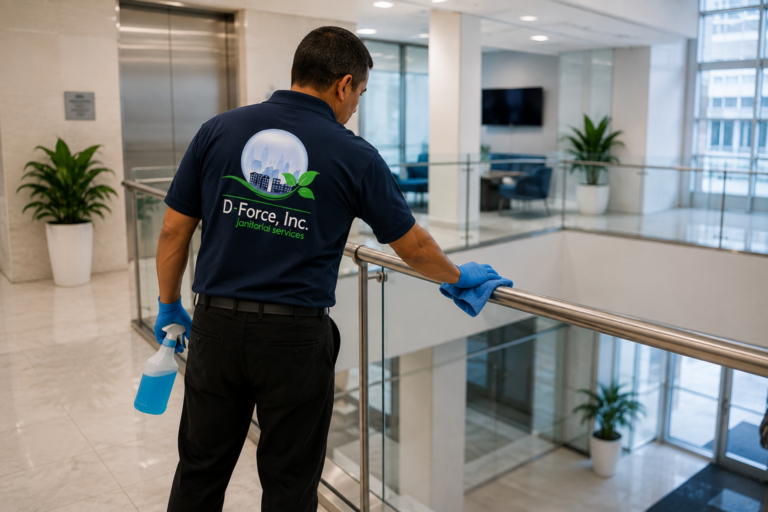 D-Force Janitorial Day porter maintaining a commercial building in Miami