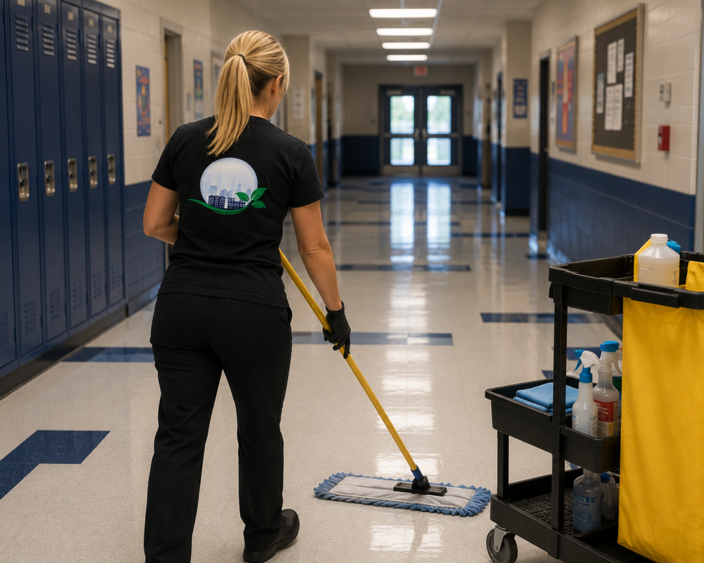 D-Force Janitorial staff mopping and sanitizing a polished Miami school hallway floor with cleaning cart and supplies