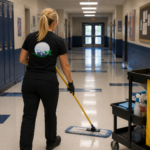 D-Force Janitorial staff mopping and sanitizing a polished Miami school hallway floor with cleaning cart and supplies
