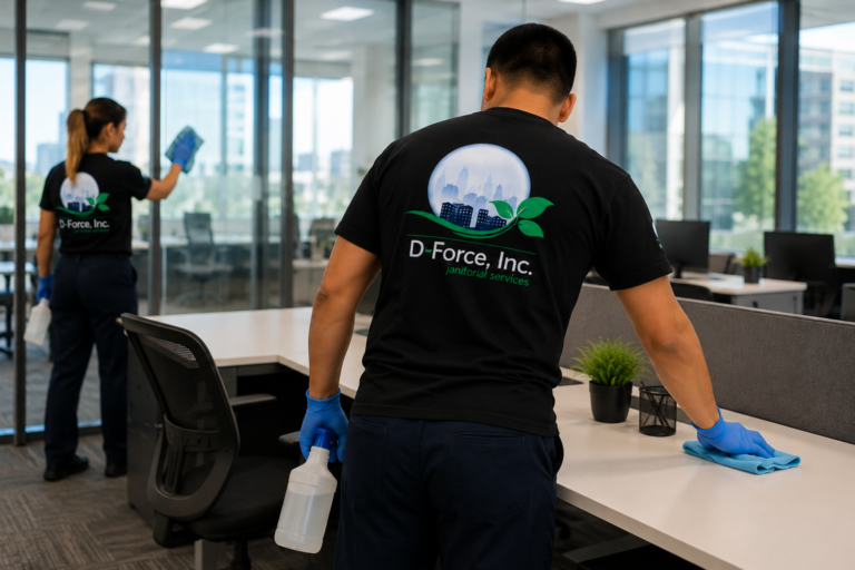 Day Porter D-Force Janitorial day porter cleaning a modern Miami office boardroom and workstations, disinfecting desks and glass panels