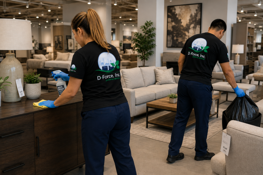 Professional cleaner providing office cleaning services in a Miami commercial workspace