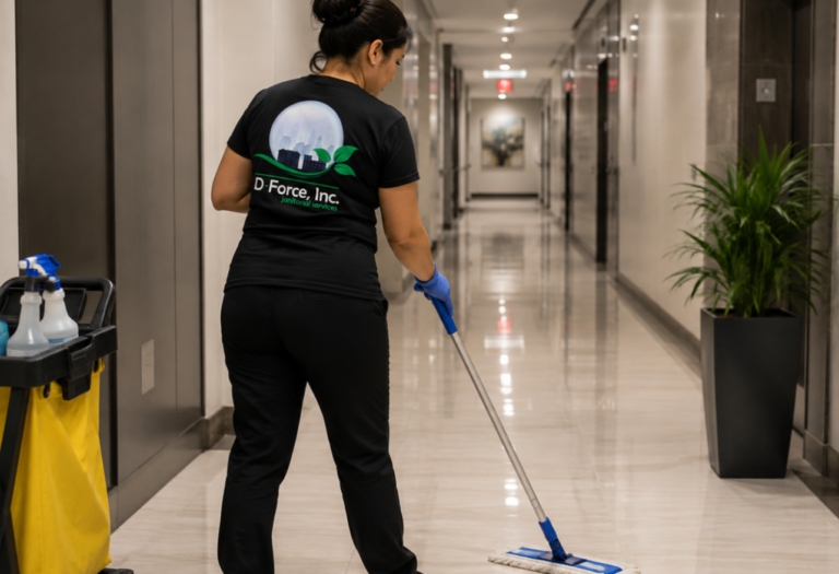 Day Porter D-Force Janitorial day porter mopping a shiny commercial building lobby in Miami with cleaning cart and supplies
