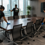 D-Force Janitorial team cleaning a Miami conference room: vacuuming carpet, wiping table surfaces, and cleaning windows