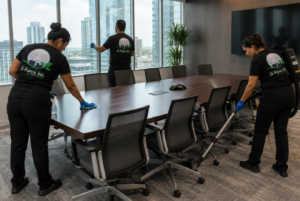 D-Force Janitorial team cleaning a Miami conference room: vacuuming carpet, wiping table surfaces, and cleaning windows