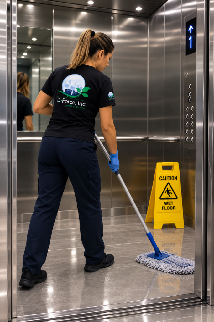 D-Force Janitorial professional mopping and sanitizing stainless steel commercial elevator floor in Miami with wet floor sign
