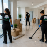 D-Force Janitorial move-out cleaning in Miami high-rise apartment vacuuming floors and wiping large windows for turnover