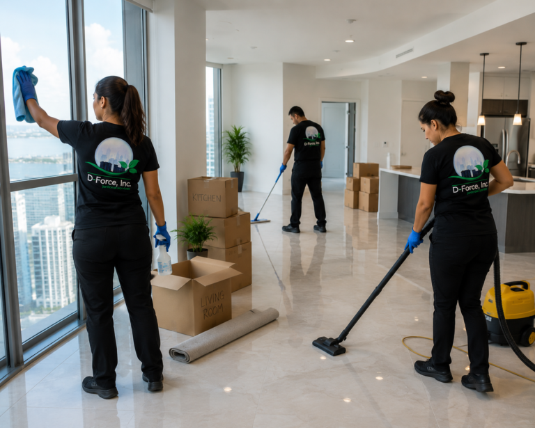 D-Force Janitorial move-out cleaning in Miami high-rise apartment vacuuming floors and wiping large windows for turnover
