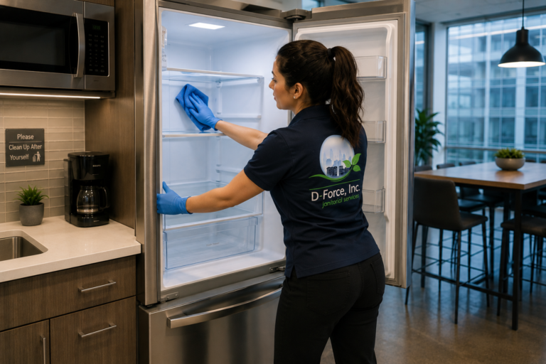 D-Force Janitorial worker cleaning interior shelves of a stainless steel breakroom refrigerator in a Miami office kitchen