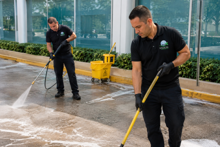 Miami commercial parking lot cleaned by D-Force Janitorial crew using pressure washer and mop for professional maintenance