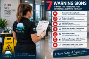 D-Force Janitorial supervisor inspecting a commercial office for signs that a cleaning company may need to be replaced.