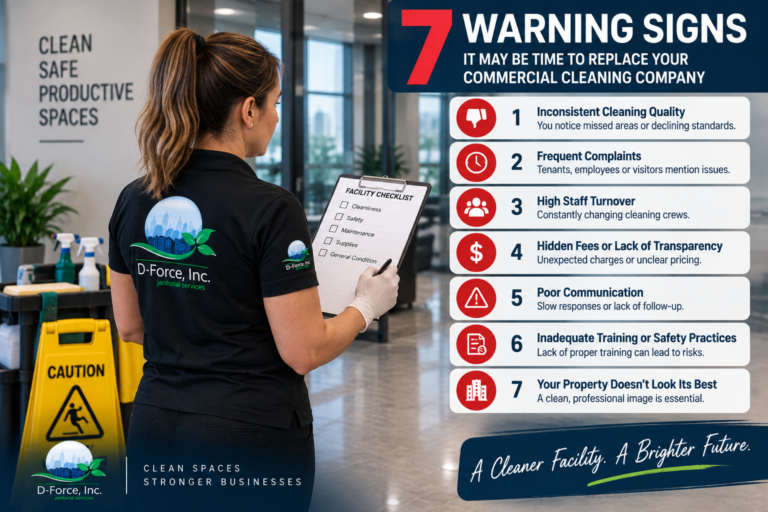 D-Force Janitorial supervisor inspecting a commercial office for signs that a cleaning company may need to be replaced.