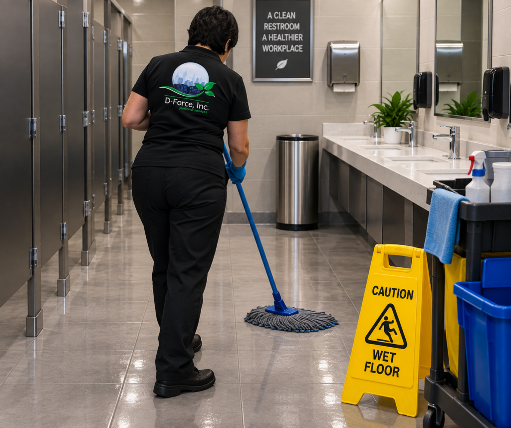 Commercial restroom cleaning in Miami showing janitor mopping floor, wet floor caution sign and cleaning cart