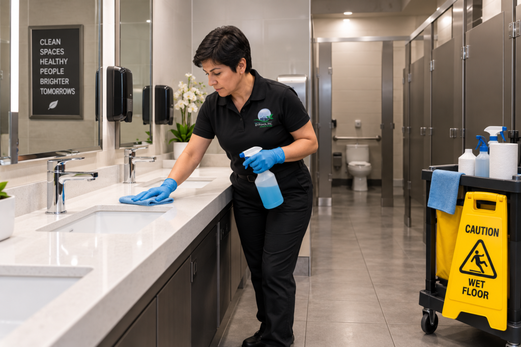 Miami commercial restroom cleaning: uniformed cleaner disinfects sinks, restocks supplies, and places wet-floor caution sign