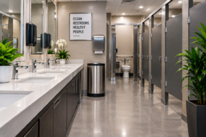 Modern clean restroom with white sinks, gray stalls, stainless waste bin and plants promoting professional cleaning services