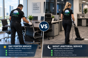D-Force Janitorial worker dusting conference room