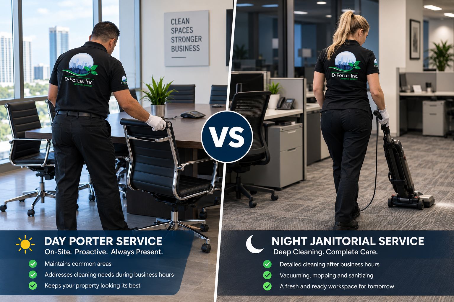 D-Force Janitorial worker dusting conference room