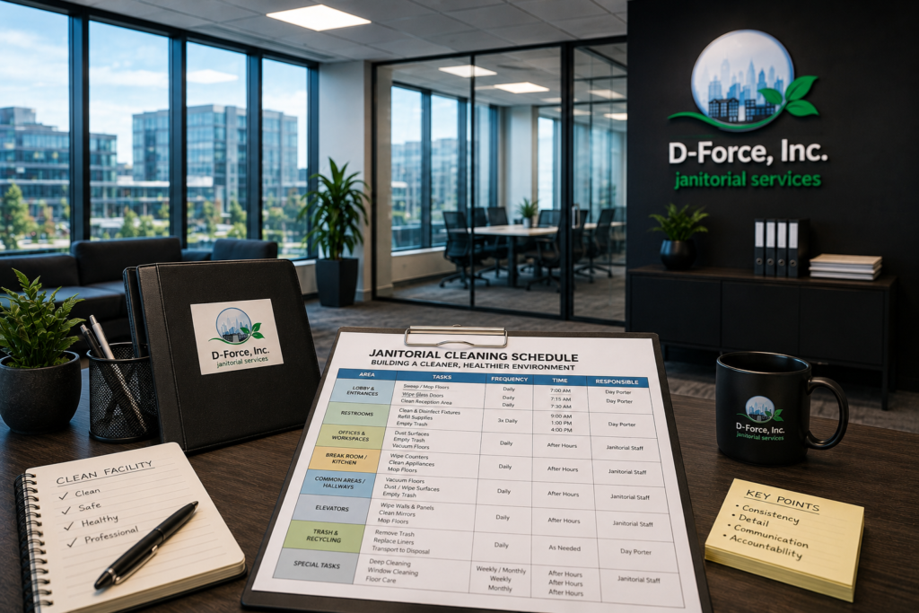 D-Force Janitorial clipboard schedule on office desk with mug, notebook, plant and glass conference room behind