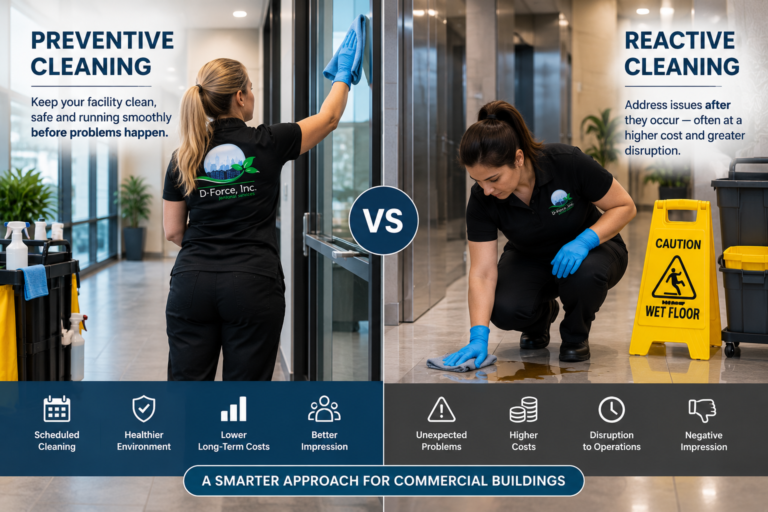 Lobby split image: scheduled preventive cleaner wiping glass vs reactive cleaner mopping spill by caution sign