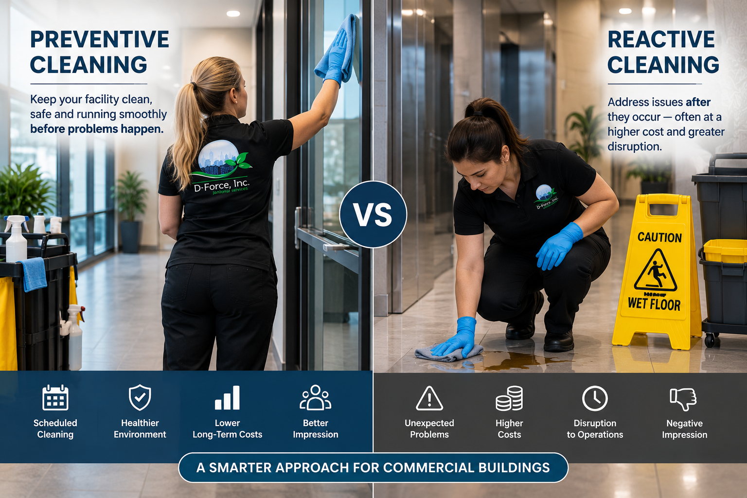 Lobby split image: scheduled preventive cleaner wiping glass vs reactive cleaner mopping spill by caution sign
