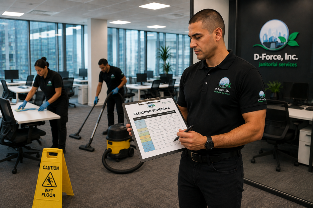D-Force Janitorial team in a modern office following a detailed cleaning schedule clipboard while staff vacuum and wipe desks