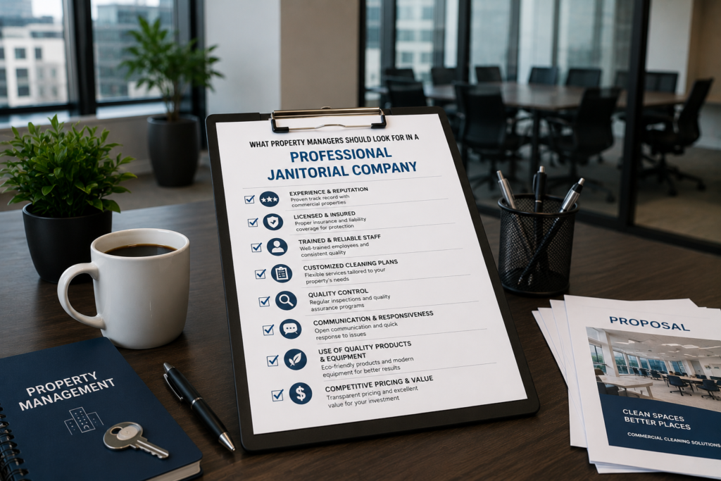 Desk with janitorial company checklist on clipboard, coffee cup, keys, pen and property management booklet