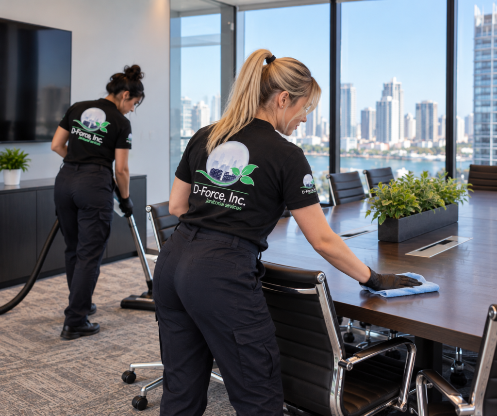 Two D-Force Janitorial cleaners maintaining a modern commercial building conference room, cleaning the meeting table and vacuuming the carpet.