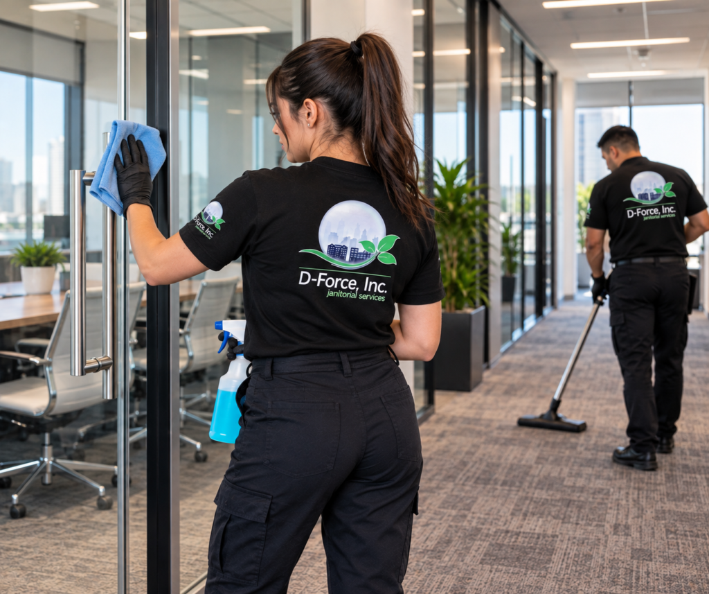 D-Force Janitorial cleaning team maintaining office glass doors and vacuuming a commercial building hallway as part of a regular janitorial cleaning schedule.