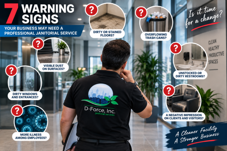 D-Force Janitorial day cleaning a modern Miami office boardroom and workstations, disinfecting desks