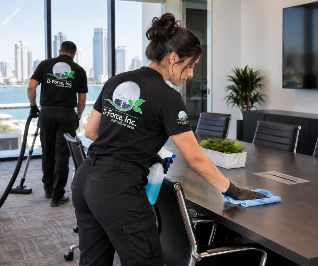 D-Force Janitorial cleaning team professionally cleaning and vacuuming a modern commercial conference room in Miami.