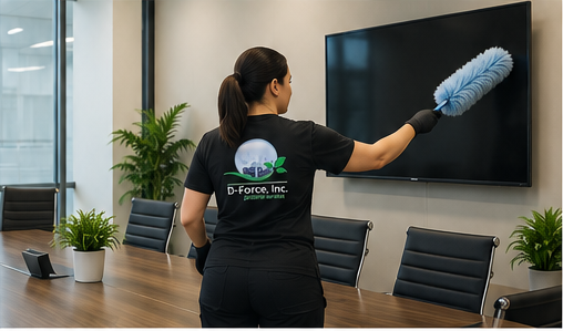 D-Force Janitorial worker dusting conference room TV and table in Miami as part of professional commercial cleaning services