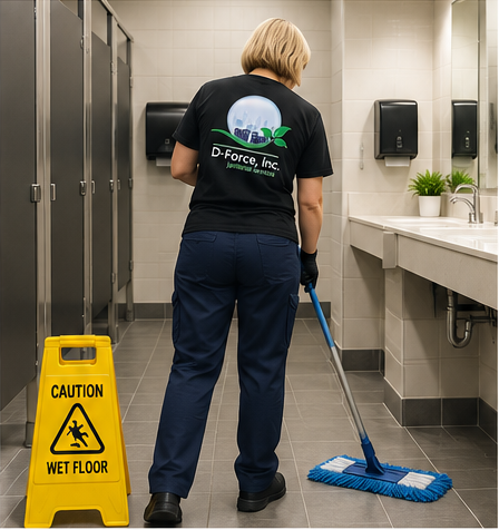 Commercial janitorial worker mopping a modern Miami commercial restroom with caution wet floor sign and D-Force logo visible