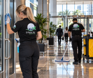 D-Force Janitorial team cleaning a high-traffic commercial building lobby, including entrance doors and floors, during business hours.
