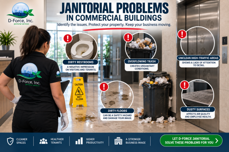 Common janitorial problems in commercial buildings, including dirty restrooms, overflowing trash, dusty surfaces, and unclean high-traffic areas.