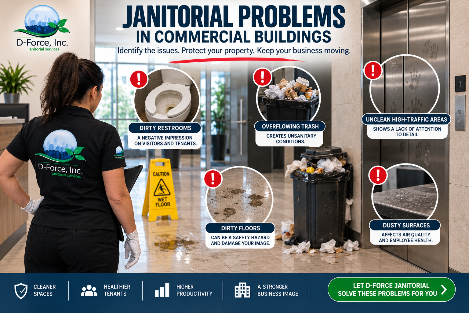 Common janitorial problems in commercial buildings, including dirty restrooms, overflowing trash, dusty surfaces, and unclean high-traffic areas.